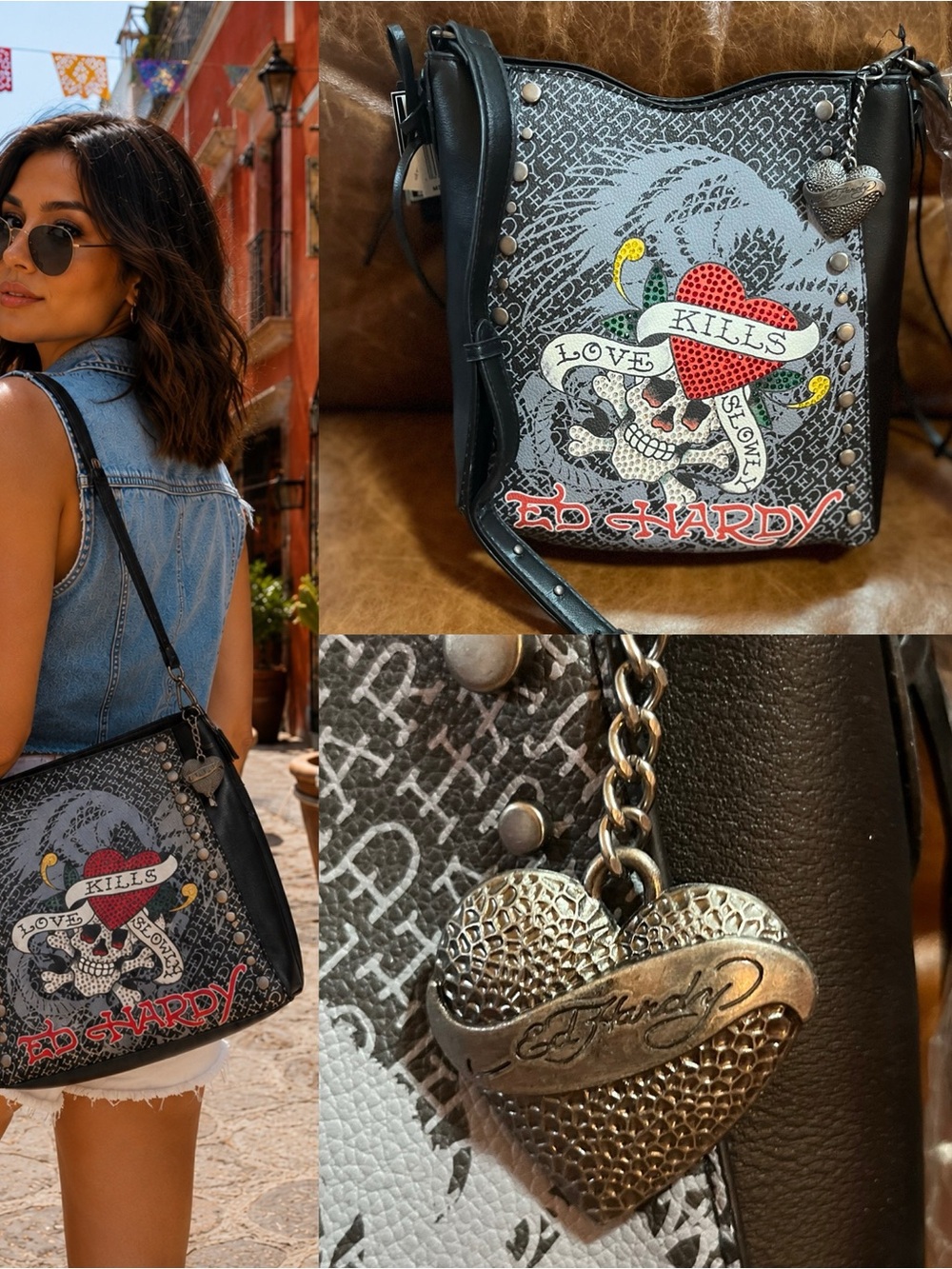Ed Hardy Crossbody Black Studded Front Rhinestone Love Kills Slowly Embossed NWT